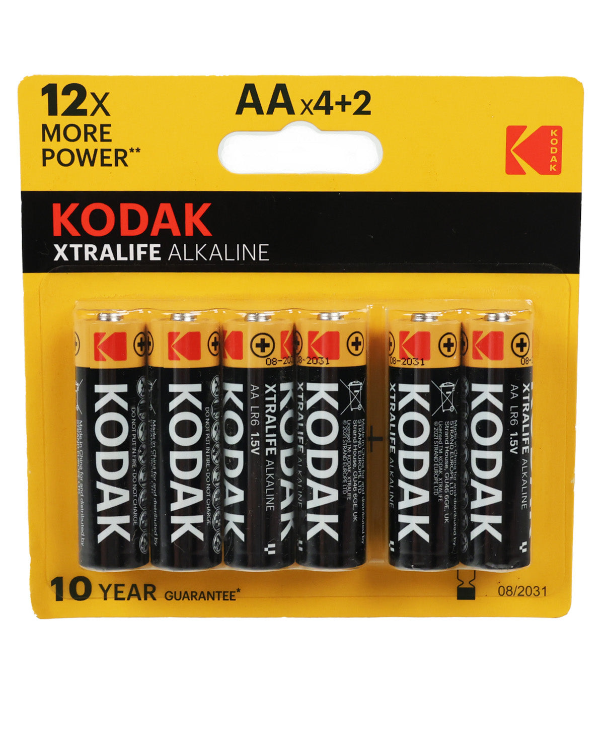 A retail pack of 6 Kodak Xtralife alkaline AA batteries in a yellow and black blister card package.