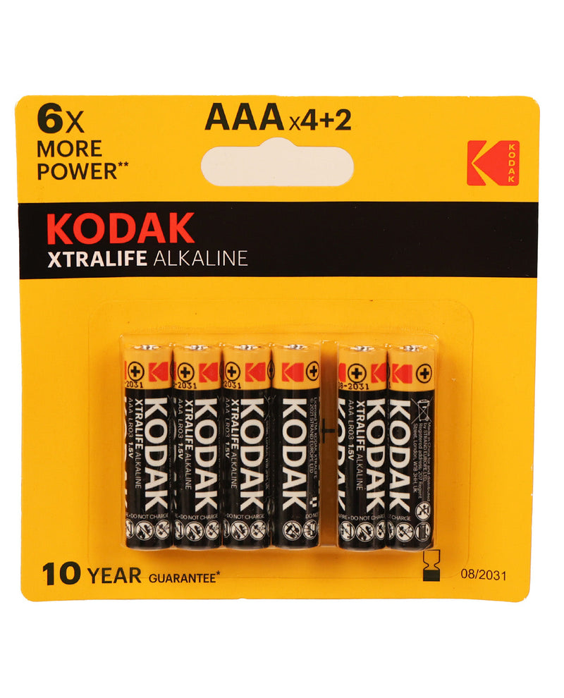 A 6-pack of Kodak Xtralife AAA alkaline batteries in a yellow and black blister card package, with the Kodak logo visible.