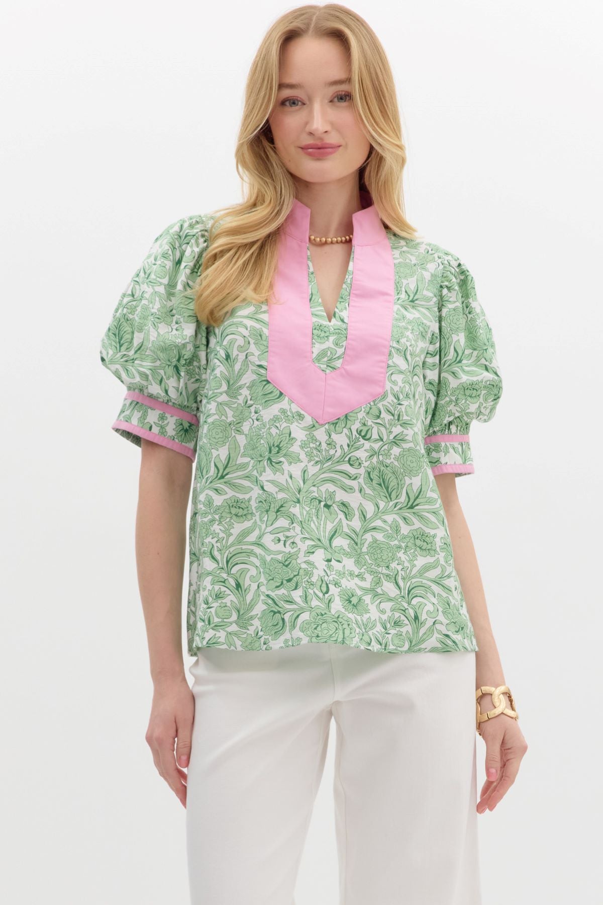 Split Neck Top with Puff Cuffed Sleeves