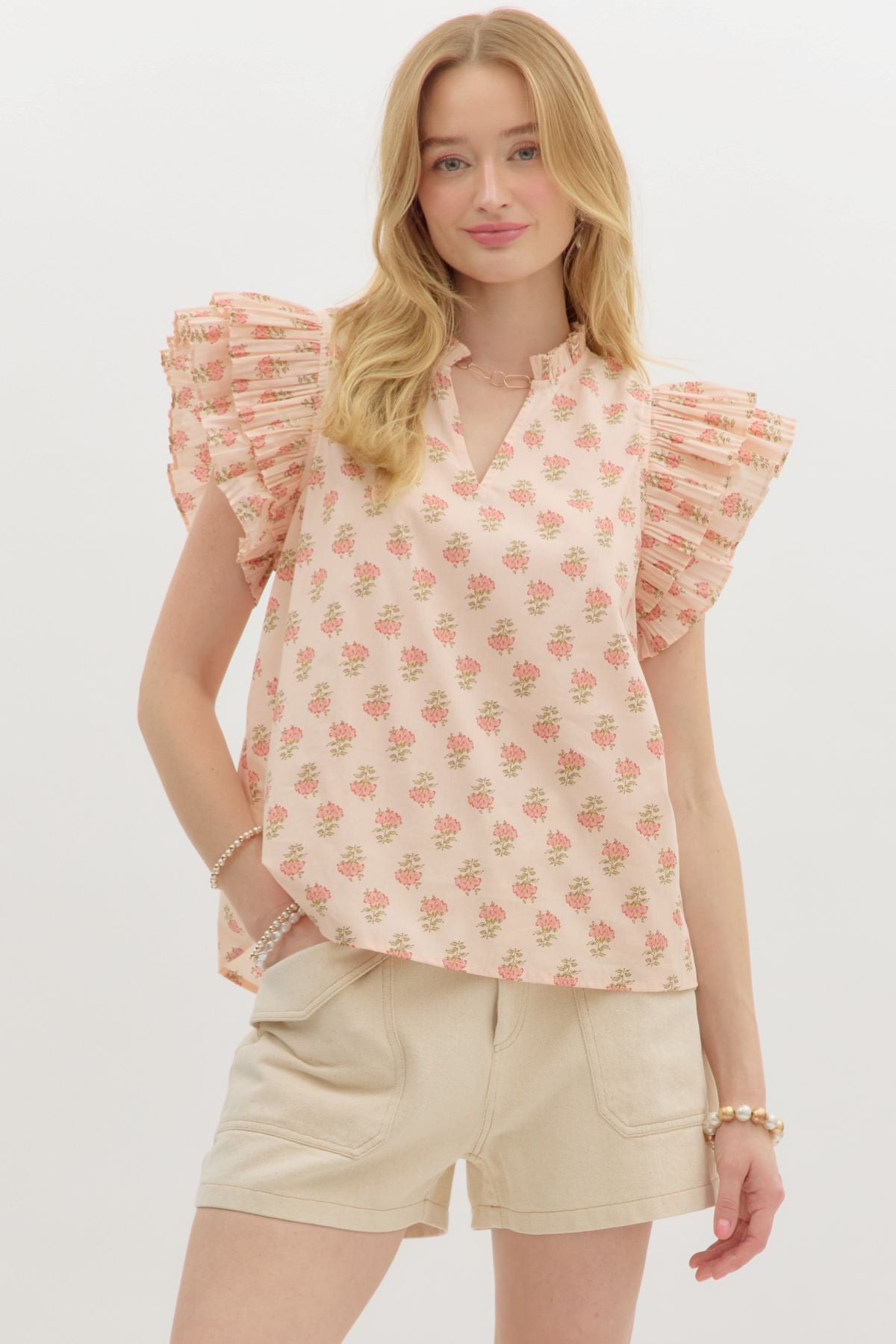 Split Neck Top with Ruffle Cap Sleeves