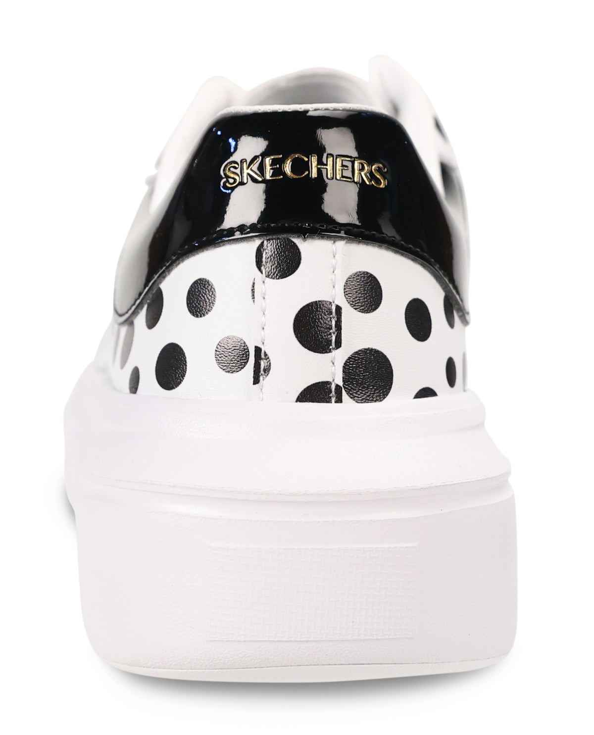 A Skechers low-top sneaker shown from the back, featuring a glossy black heel counter with gold 'SKECHERS' branding, a white base with black polka dots, and a thick white platform sole.