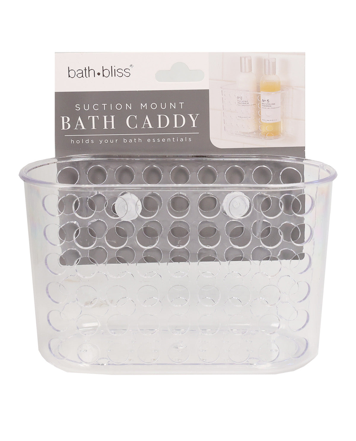 Clear bath caddy with suction mount on a white background