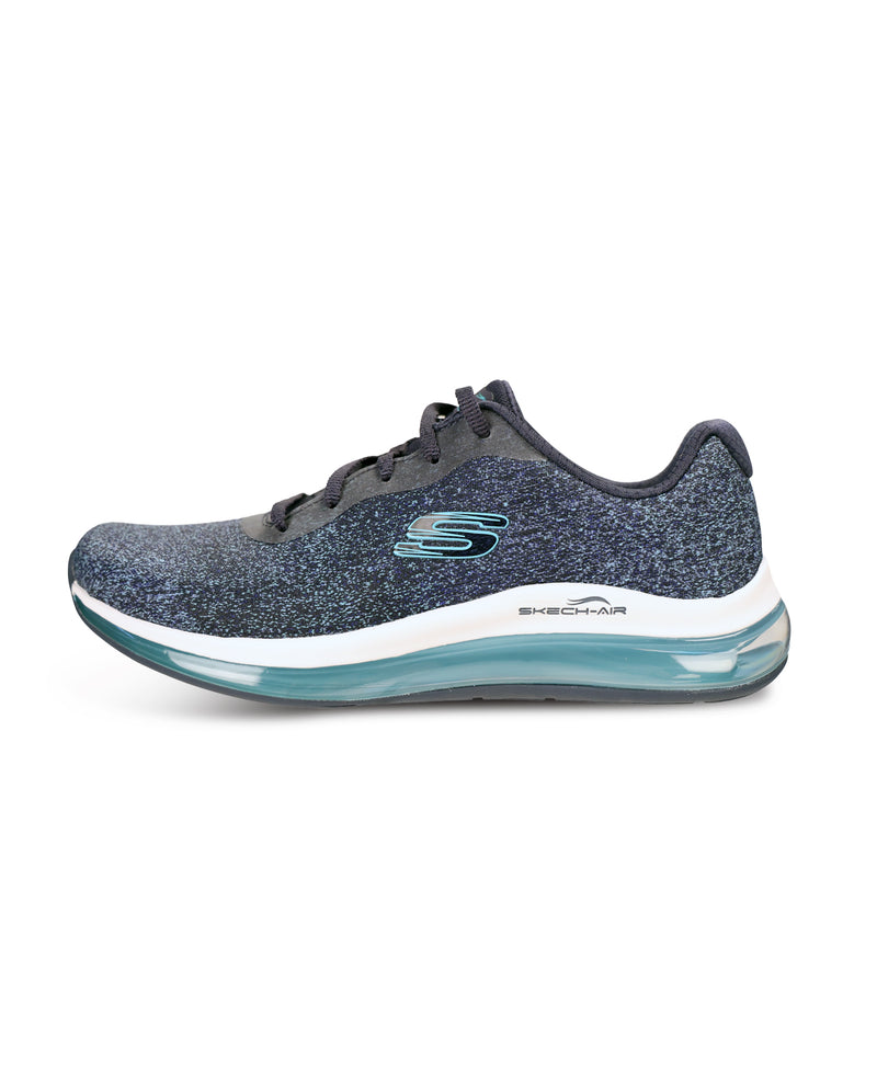 A Skechers running shoe in a dark navy and gray speckled knit upper, featuring a white midsole with a translucent teal Shock-Acell cushioning unit and a matching teal logo on the side.
