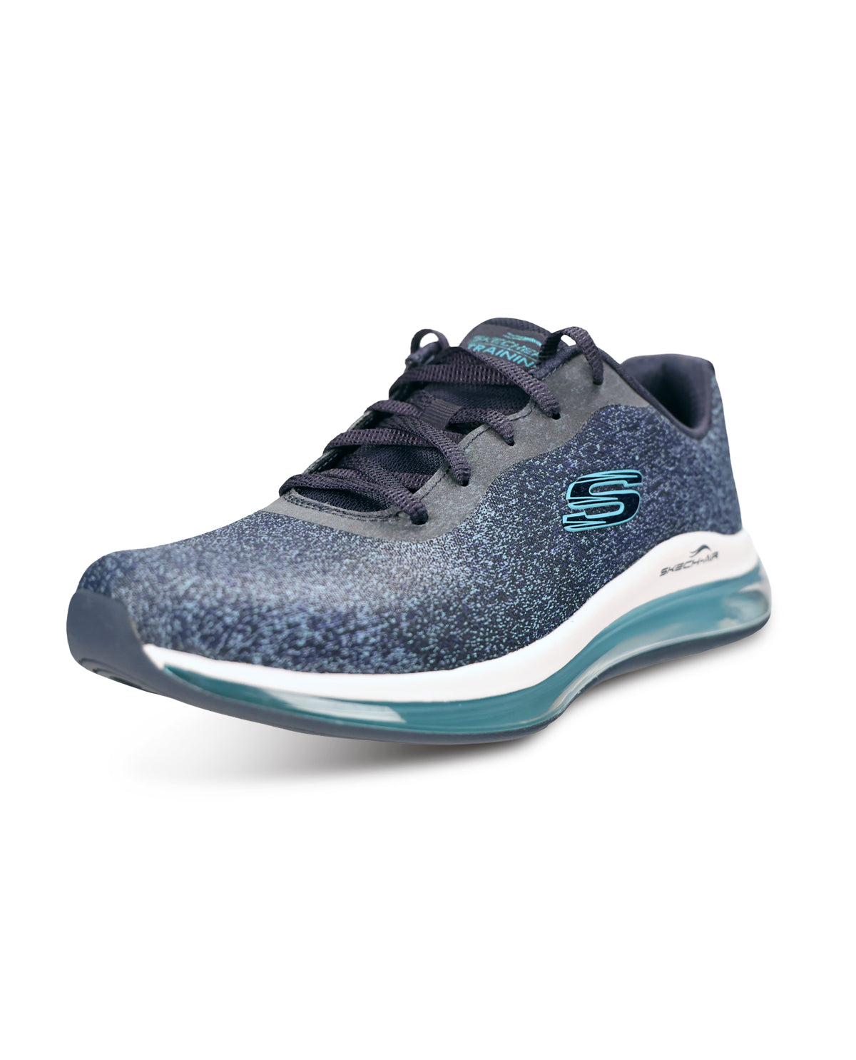 A Skechers athletic sneaker in a speckled navy blue and gray knit upper, featuring a teal and white midsole with a translucent teal outsole.