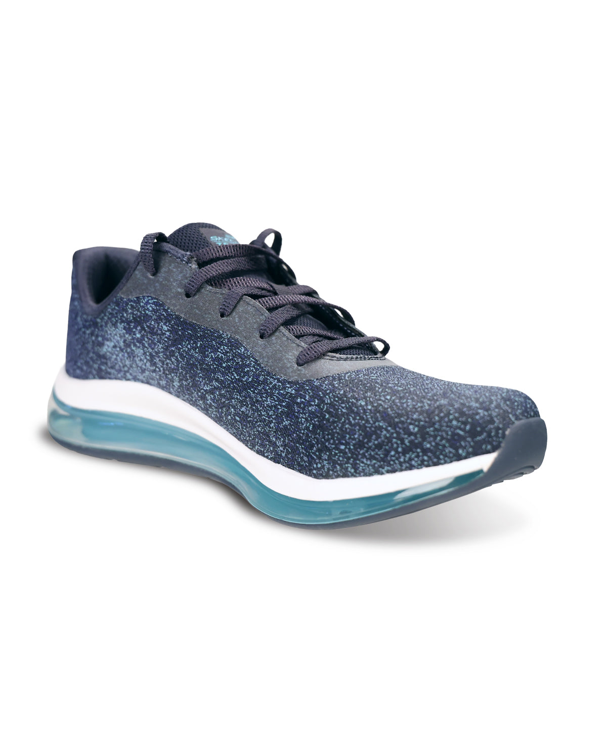 A single athletic sneaker shown from a three-quarters angle on a white background. The shoe features a dark navy blue and gray speckled knit upper, dark gray laces, a white midsole, and a translucent light blue and gray outsole.