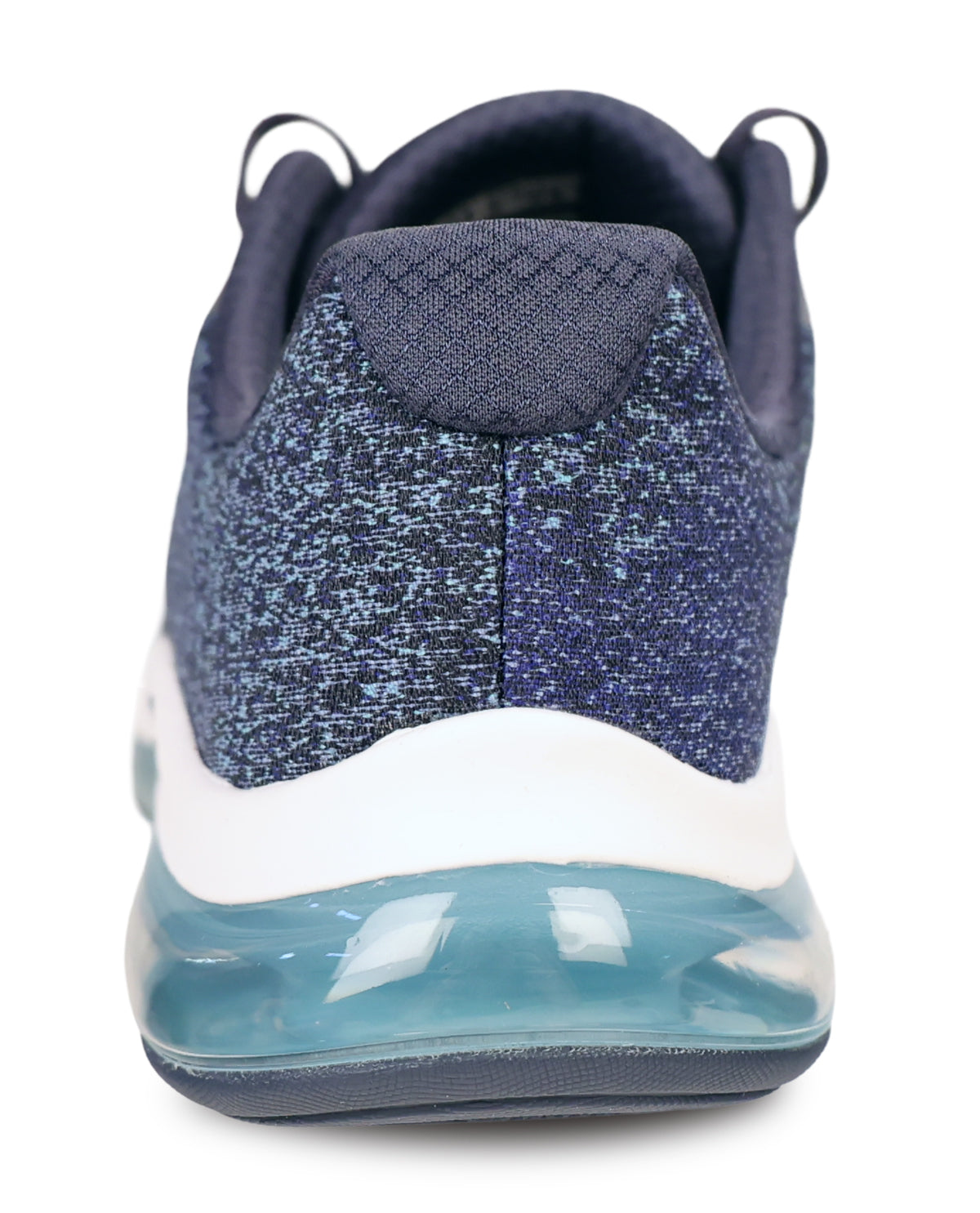 A close-up rear view of a sneaker featuring a textured blue and navy knit upper, a thick white midsole, and a translucent light blue air cushioning unit on the sole.