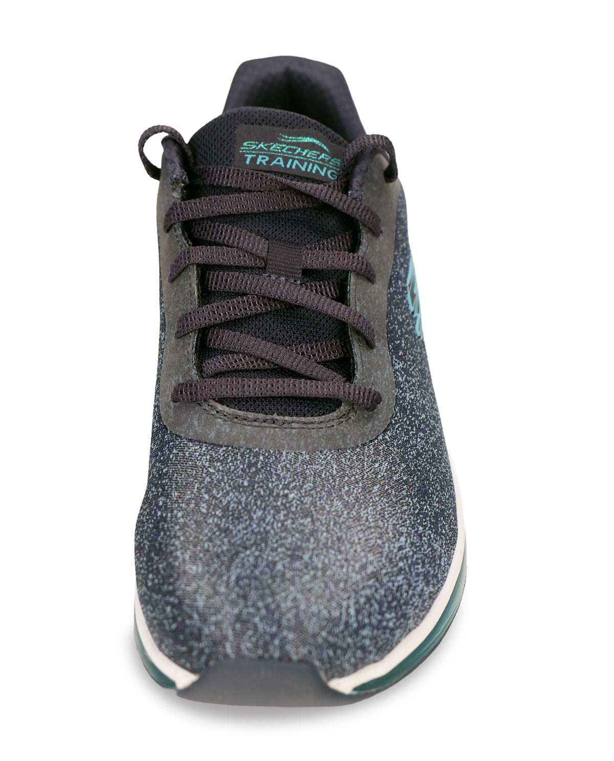 A single Skechers Training sneaker shown from a front-facing angle on a white background. The shoe features a dark gray and black speckled upper, dark gray laces, and a black collar with green and white 'SKECHERS TRAINING' branding.