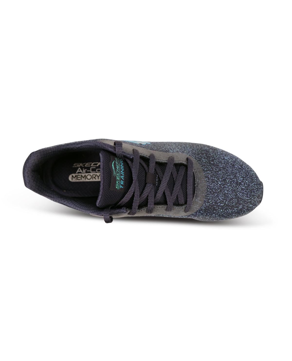 A Skechers running shoe in a dark navy and gray speckled knit upper, featuring a white midsole with a translucent teal Shock-Acell cushioning unit and a matching teal logo on the side.