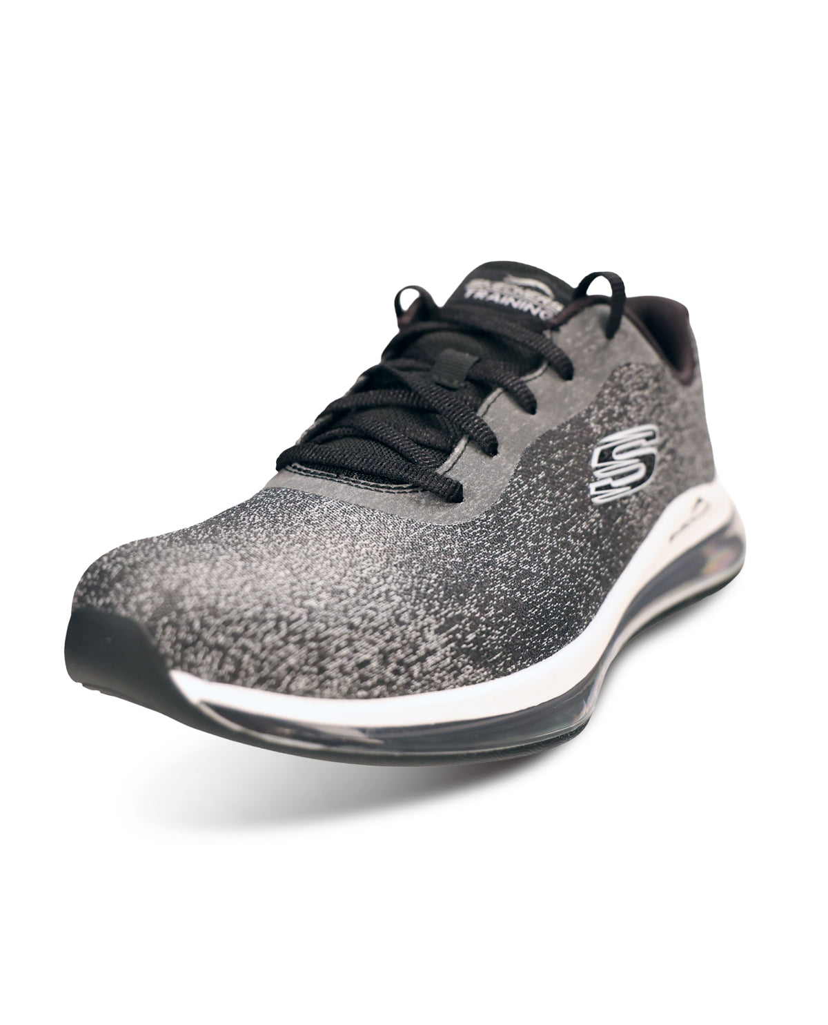 A Skechers running shoe in a speckled gray and black mesh upper with black laces, a white midsole, and a black outsole, shown on a white background.