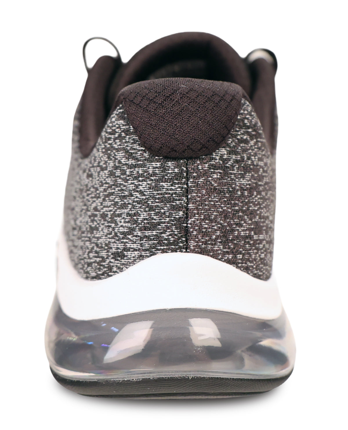 A close-up rear view of a sneaker featuring a dark brown knit collar and tongue, a textured gray and white knit midfoot panel, a thick white midsole, and a clear transparent air cushion unit at the heel.