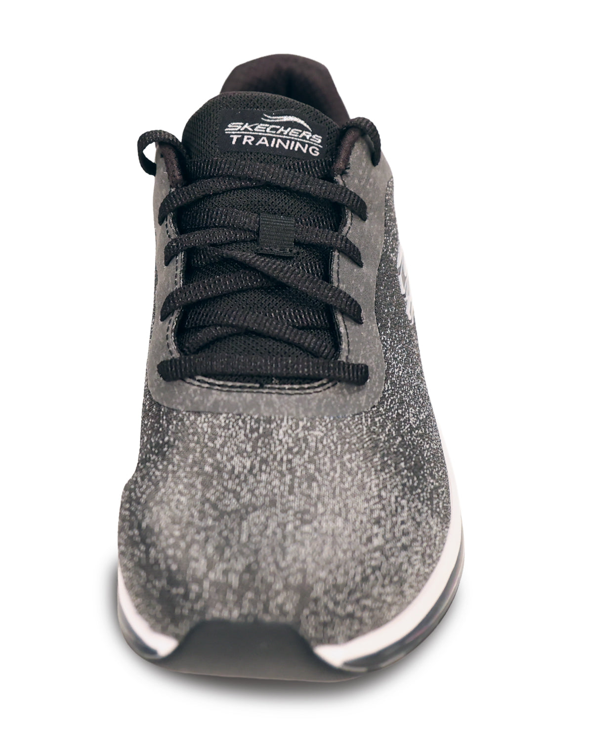 A Skechers Training athletic shoe in a speckled gray and black colorway, featuring black laces and a white brand logo on the tongue, shown against a plain white background.