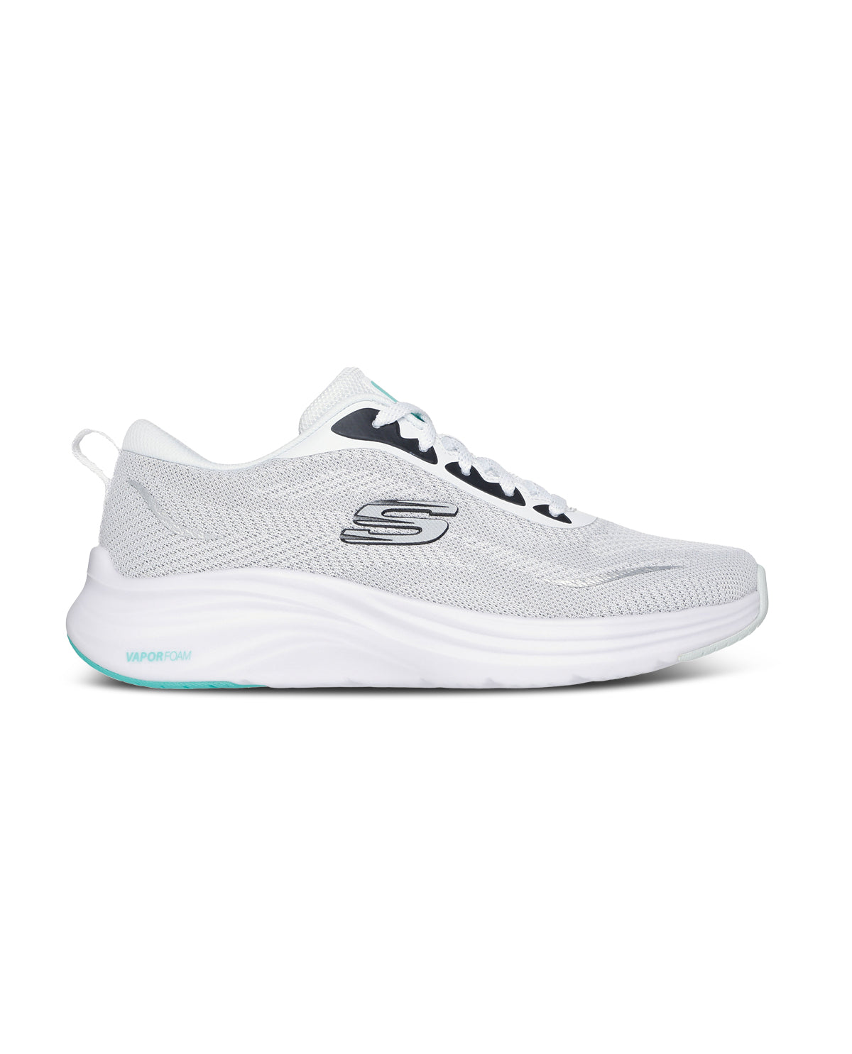 White athletic shoe with black accents on a white background