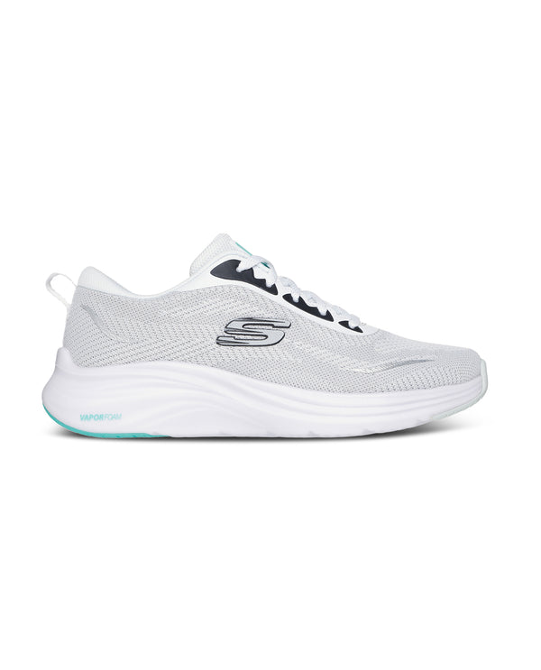 White athletic shoe with black accents on a white background
