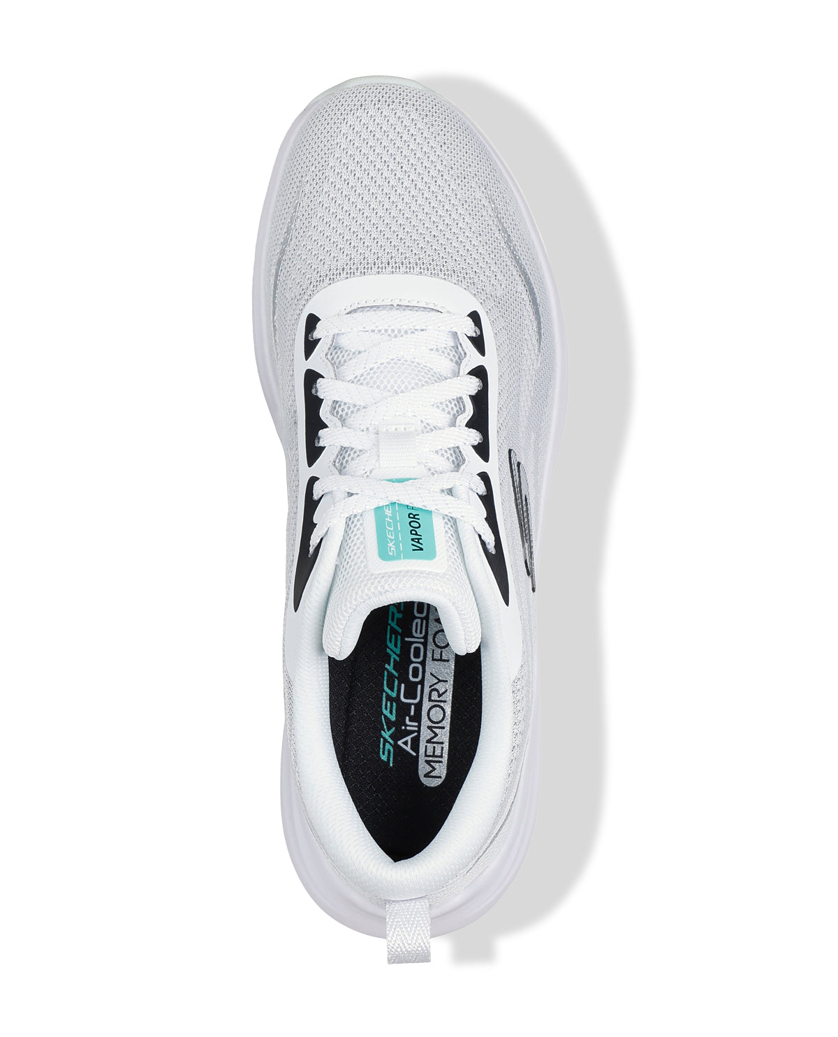 White sneaker with black sole and visible brand logo on a white background