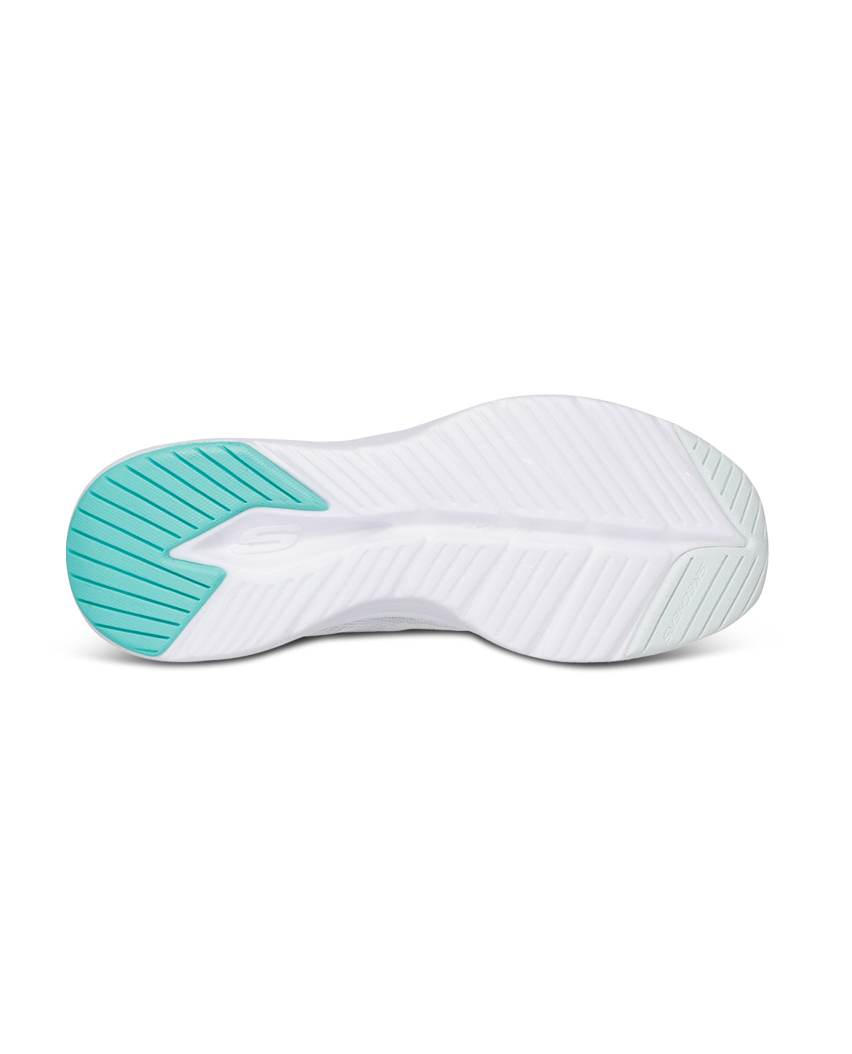White athletic shoe with a turquoise sole on a white background