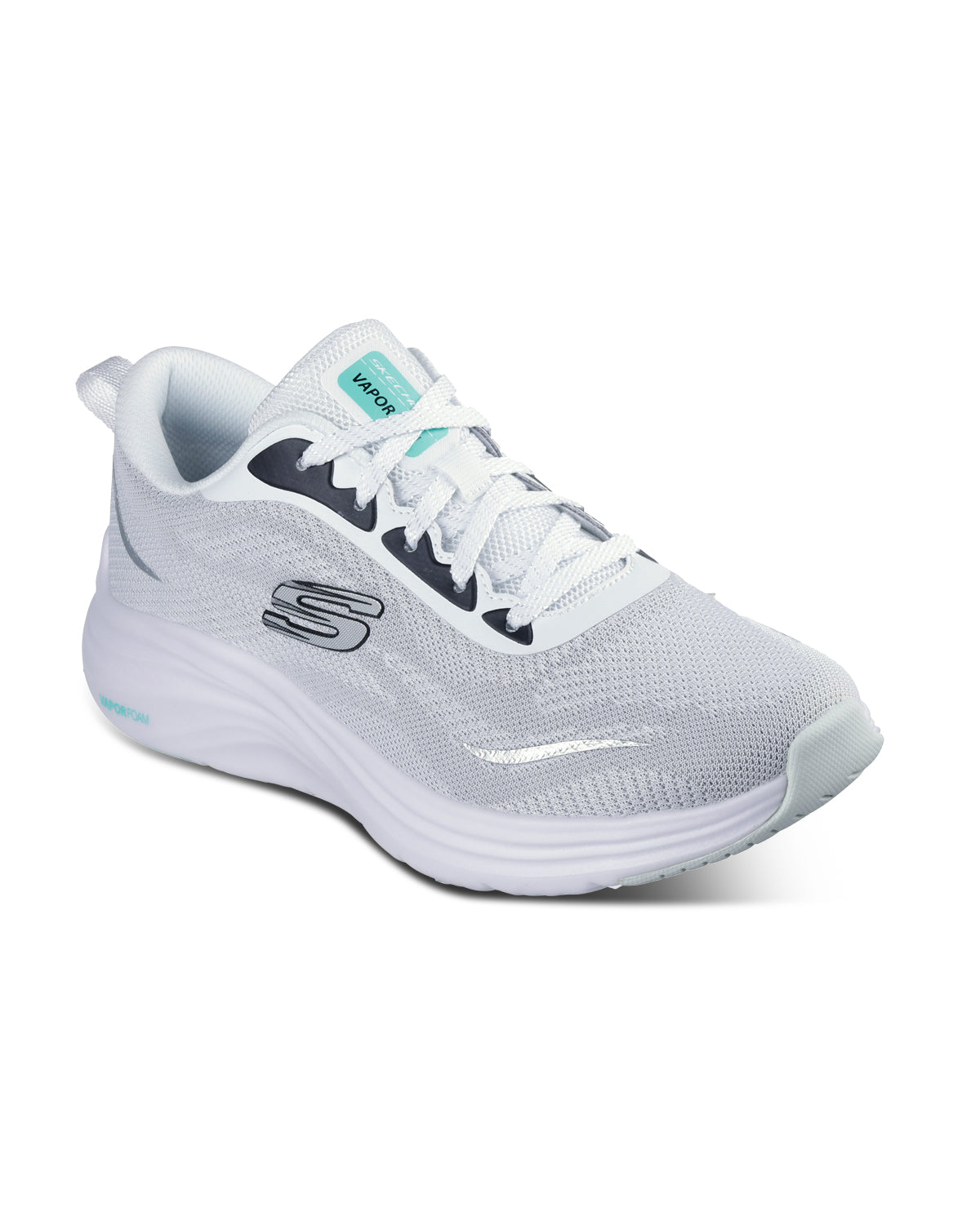 White athletic shoe with black accents on a white background