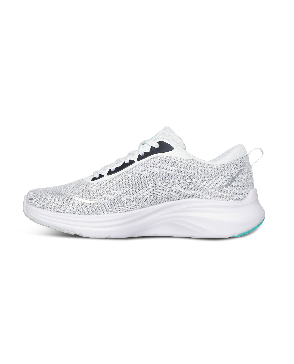White athletic shoe with black accents on a white background
