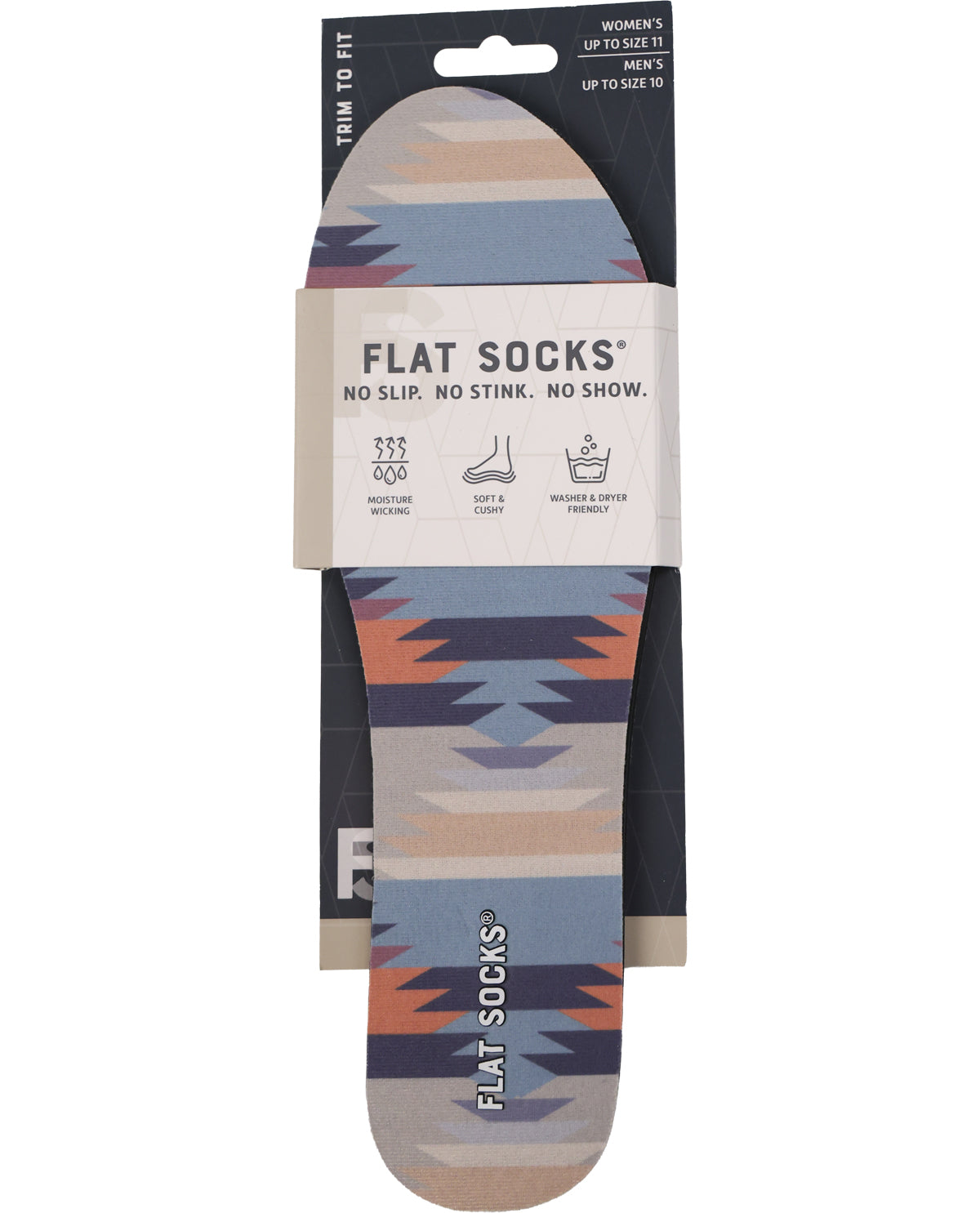 A pair of Flat Socks slip-on socks with a geometric pattern in muted blue, orange, beige, and navy, shown in their retail packaging with a cardboard header.