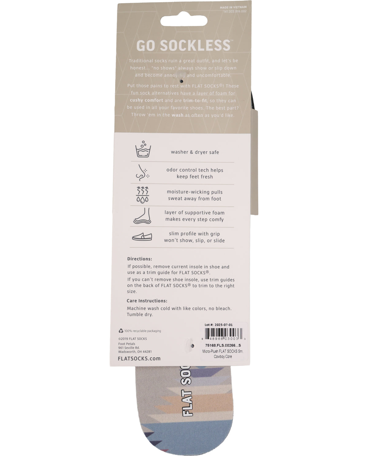 The back of a Go Sockless shoe insert packaging card, showing product information, care instructions, and a partial view of the sockless insert at the bottom.