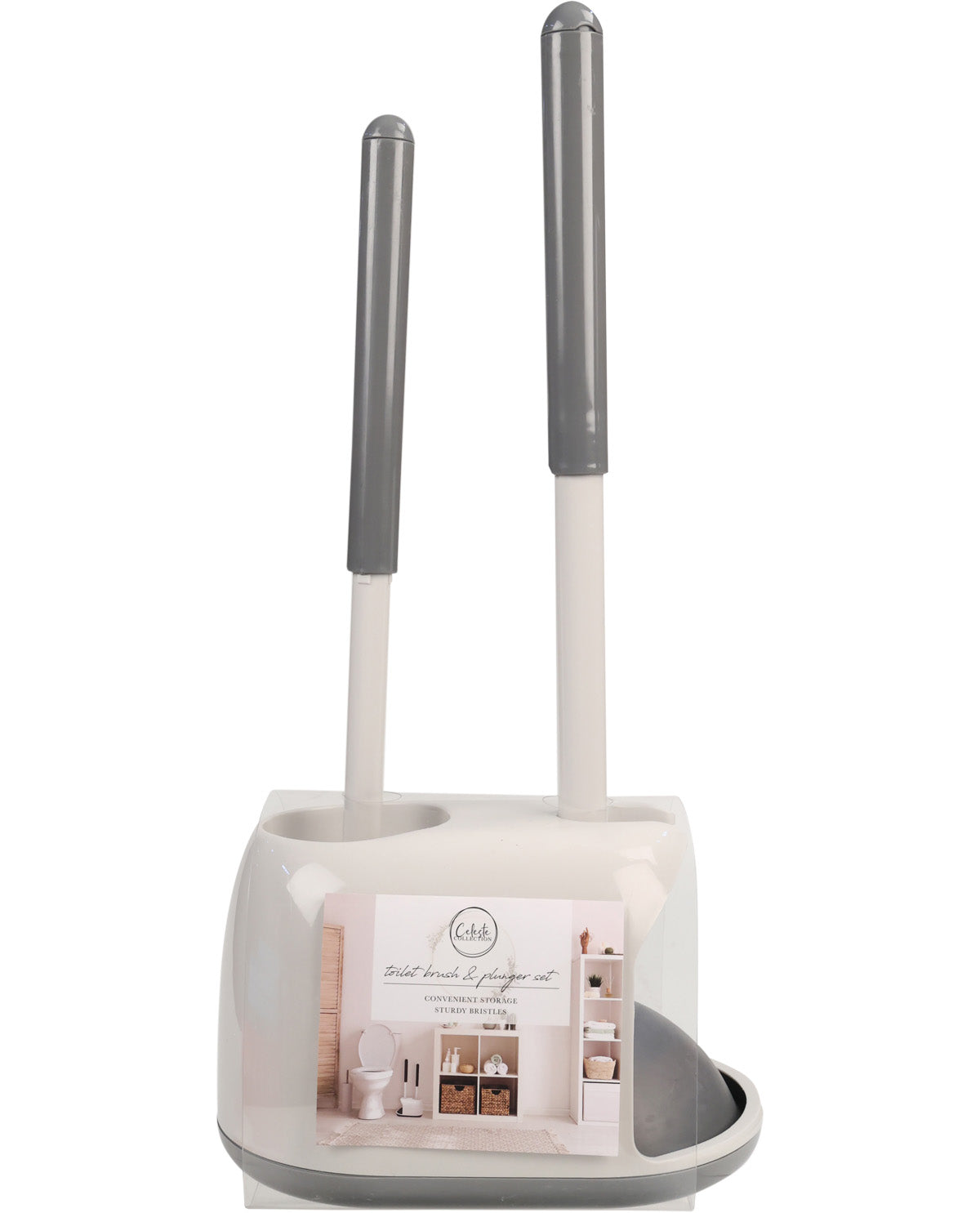Gray and white toilet brush and holder set on a white background