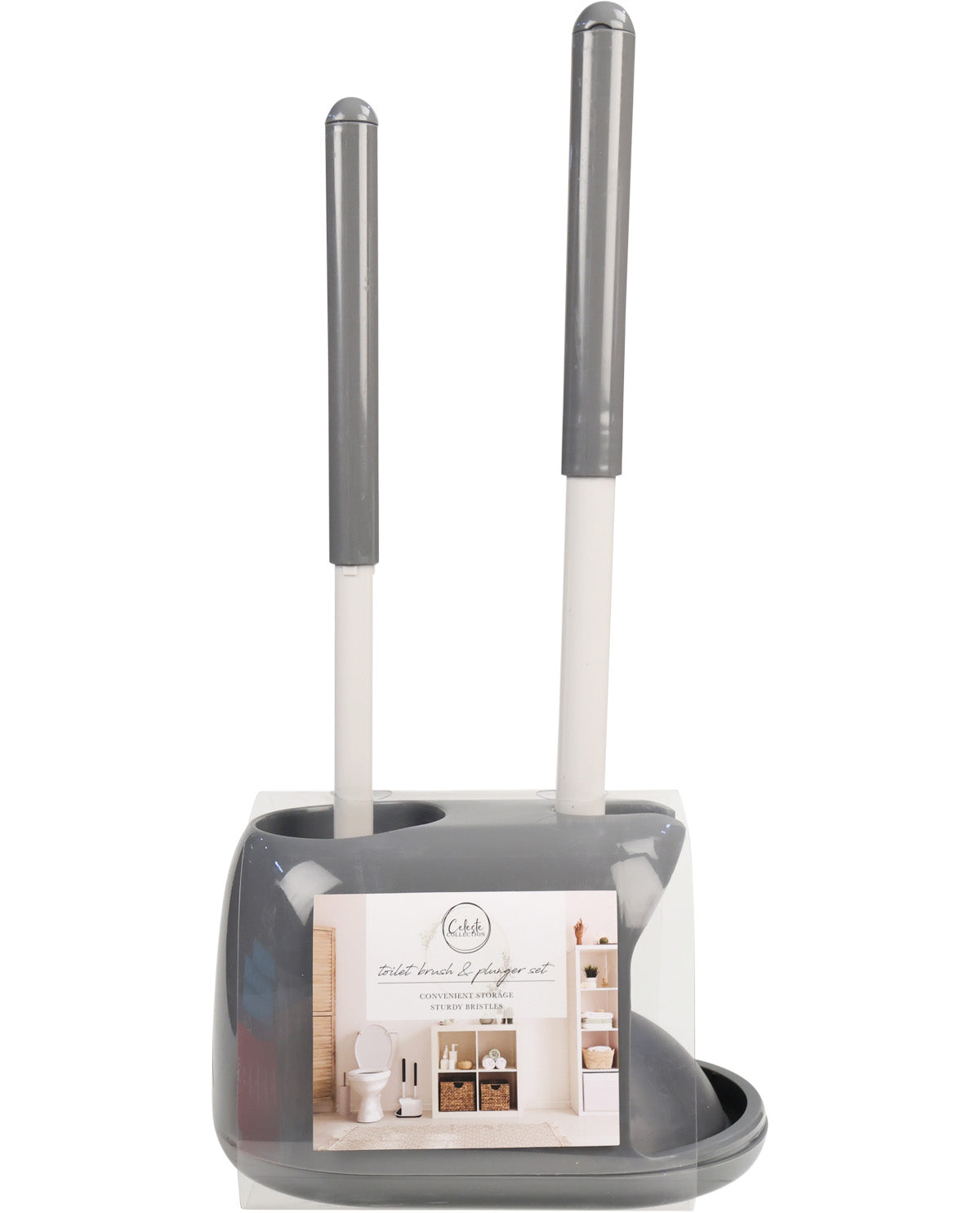 Gray dustpan and broom set on a white background