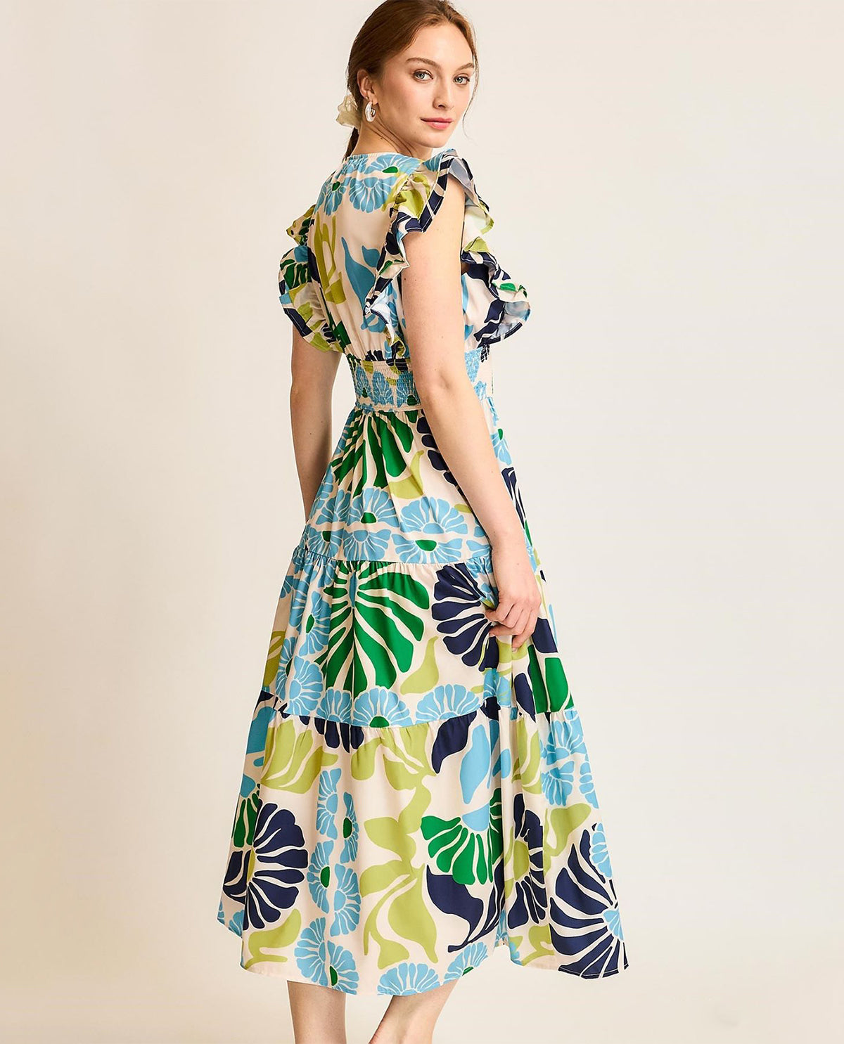 Floral Smocked Waist Midi Dress with Ruffle Sleeves and V-neckline