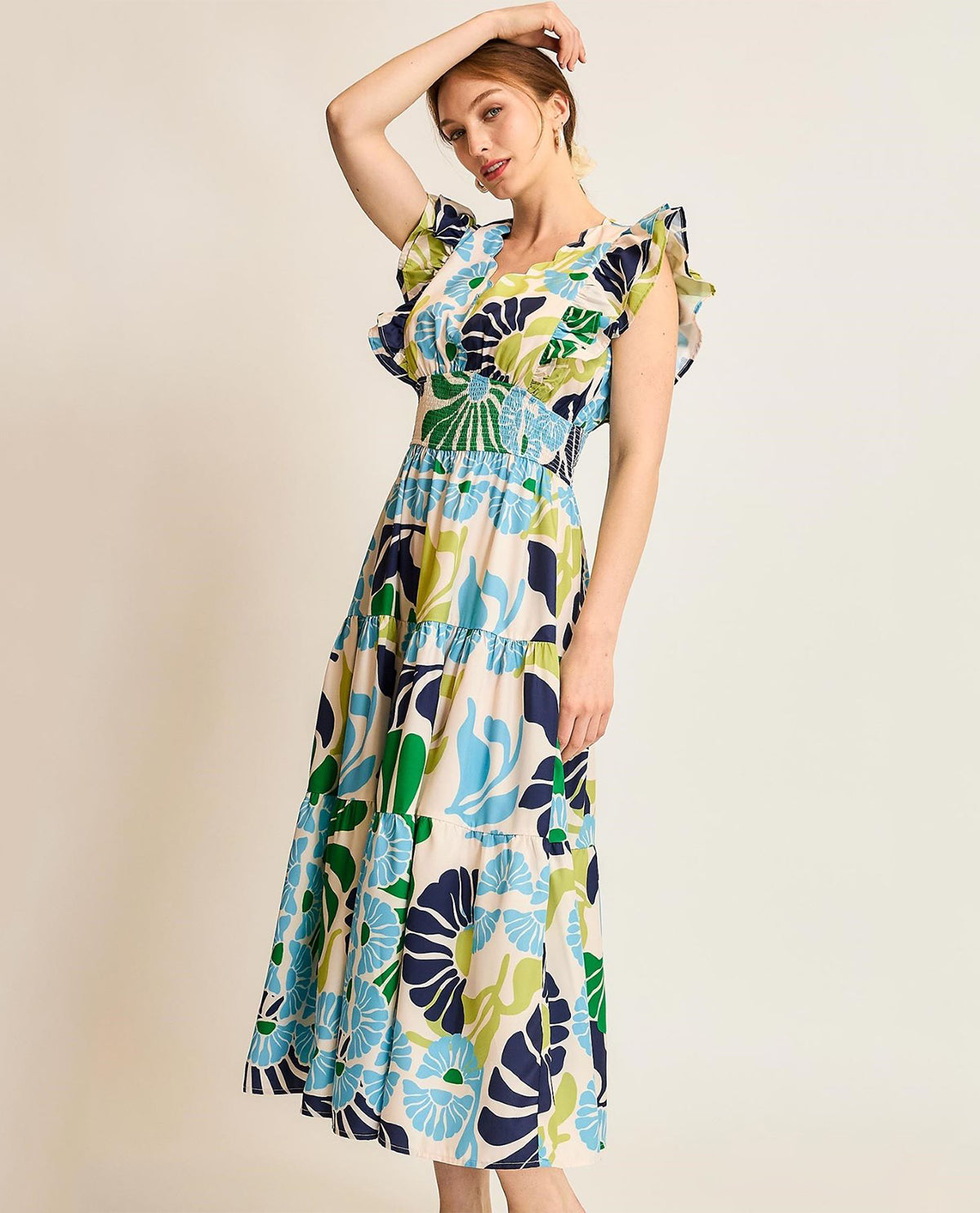 Floral Smocked Waist Midi Dress with Ruffle Sleeves and V-neckline