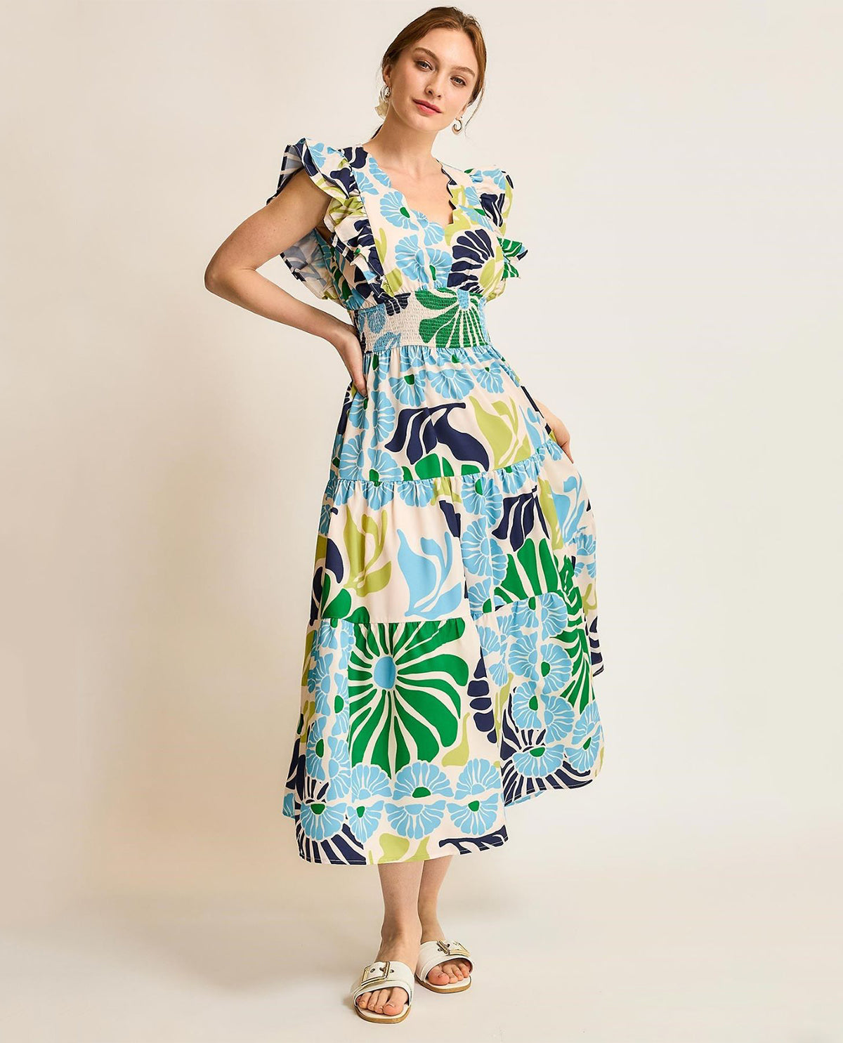 Floral Smocked Waist Midi Dress with Ruffle Sleeves and V-neckline