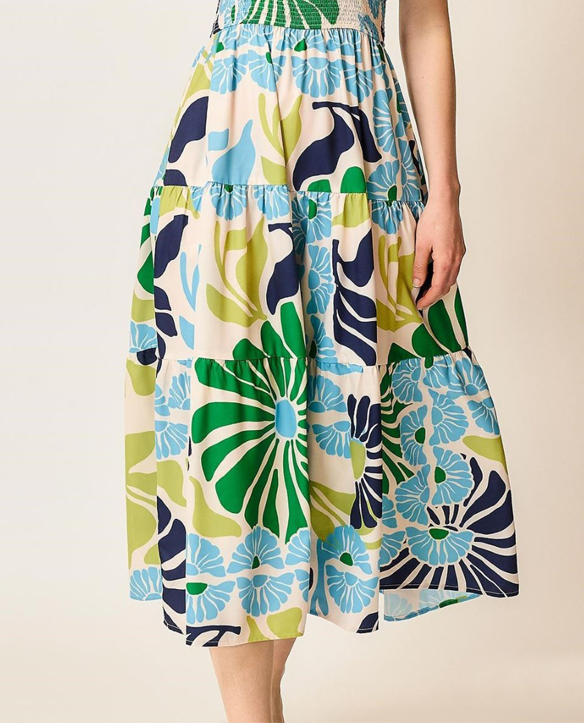Floral Smocked Waist Midi Dress with Ruffle Sleeves and V-neckline