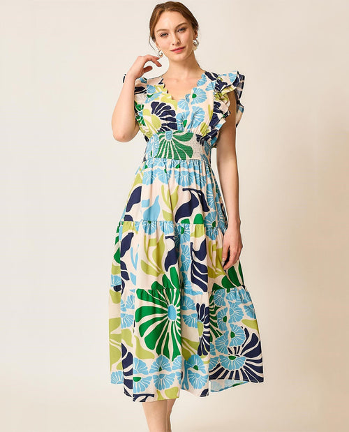 Floral Smocked Waist Midi Dress with Ruffle Sleeves and V-neckline