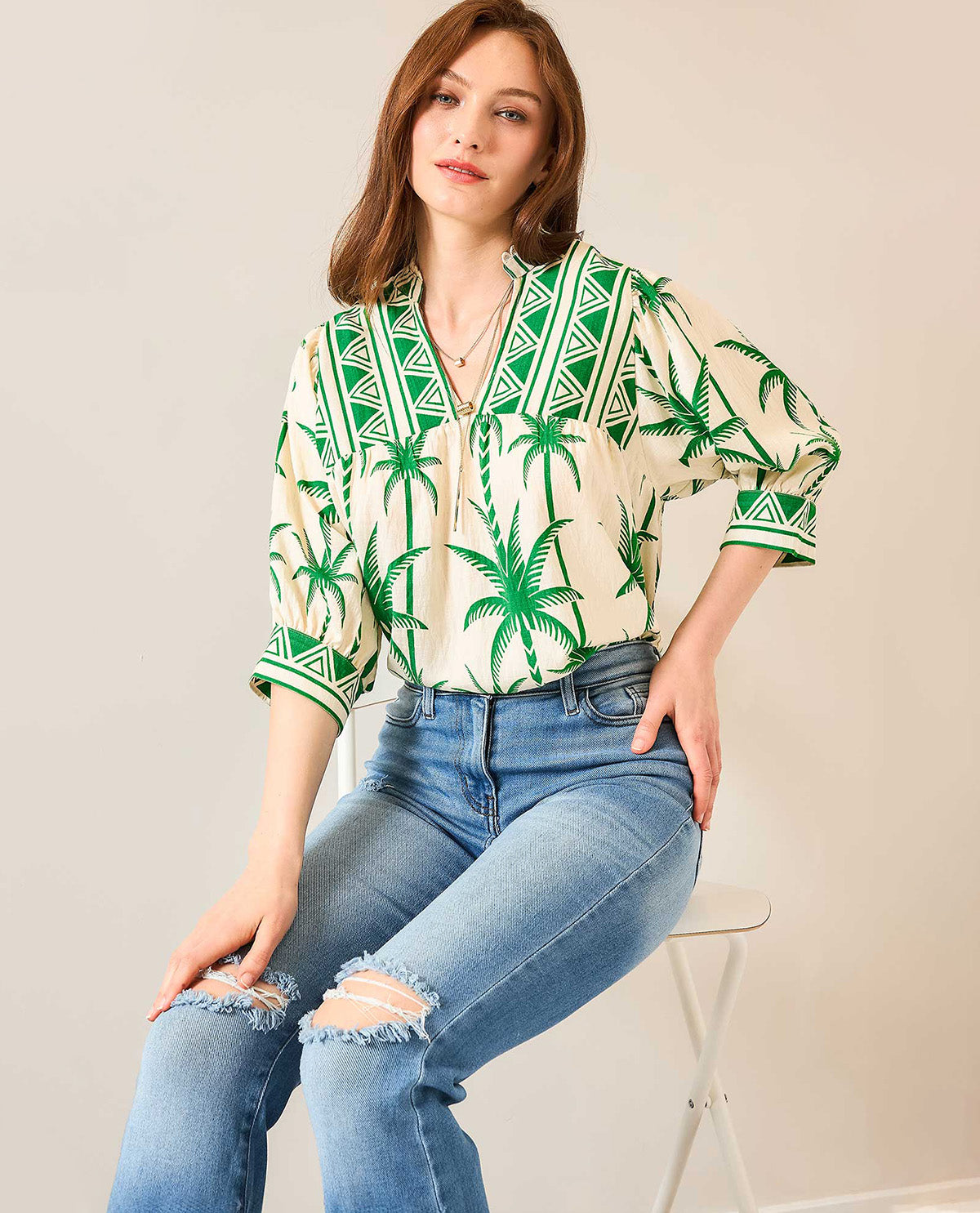 Tropical Printed Vneck Top