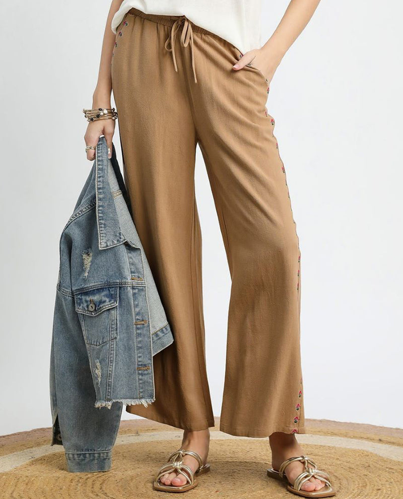 Linen Wide Leg Pants with Floral Embroidered Trim