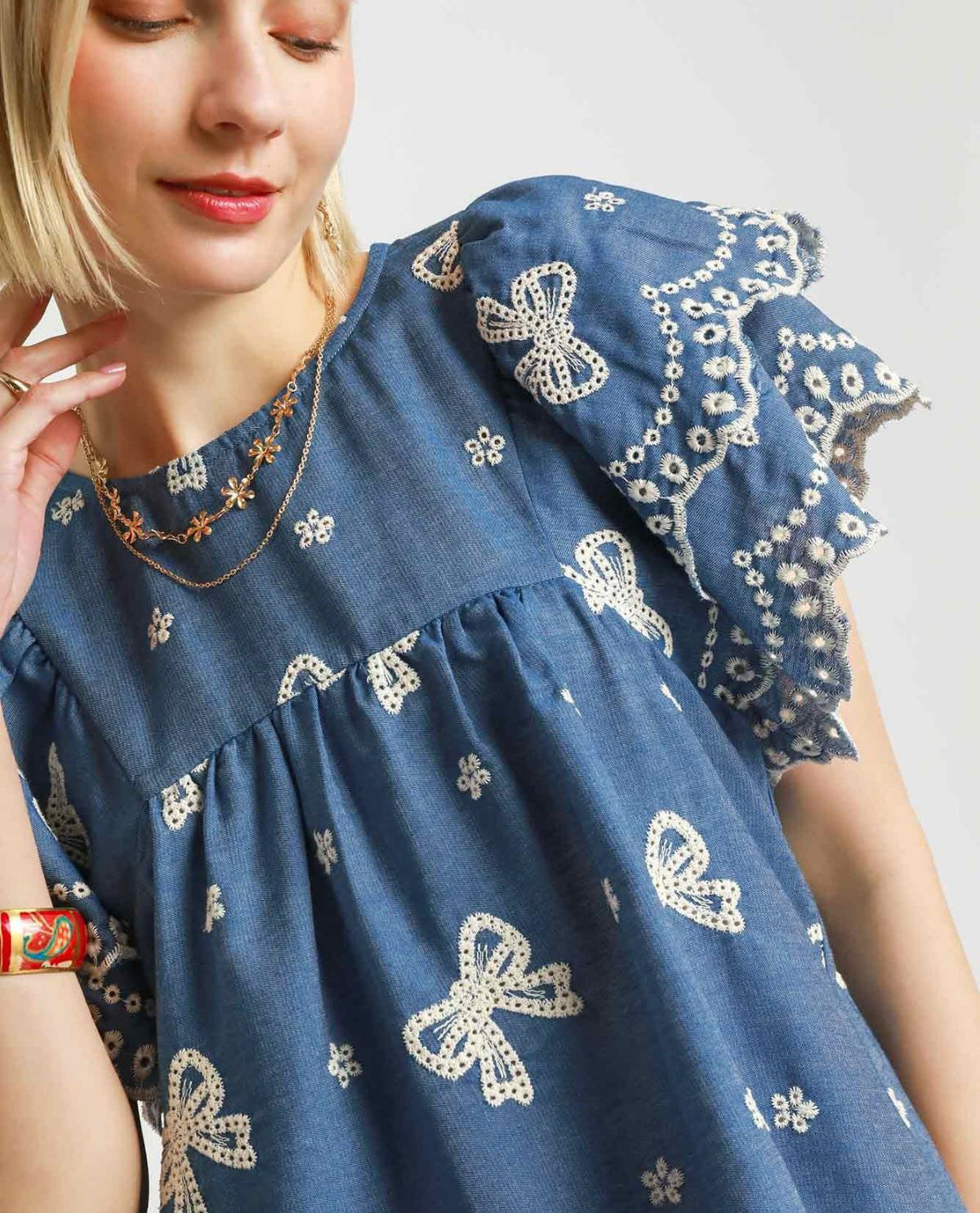 Umgee Scallop & Embroider Bow Flair Shirt