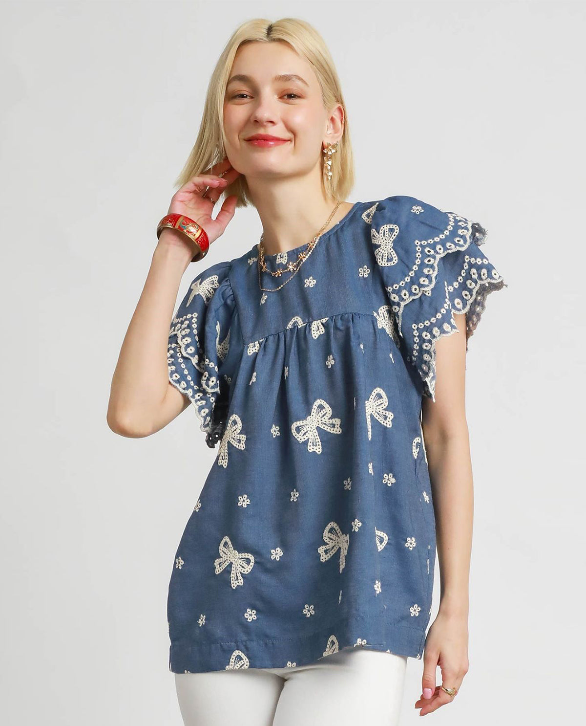 Umgee Scallop & Embroider Bow Flair Shirt