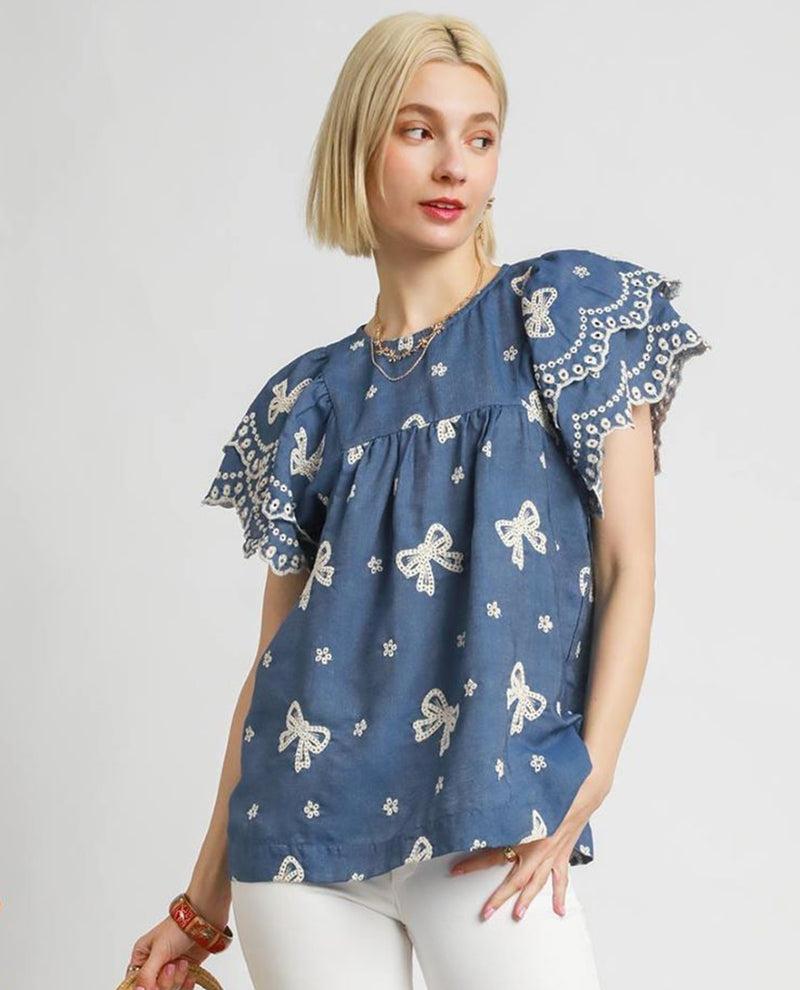 Umgee Scallop & Embroider Bow Flair Shirt