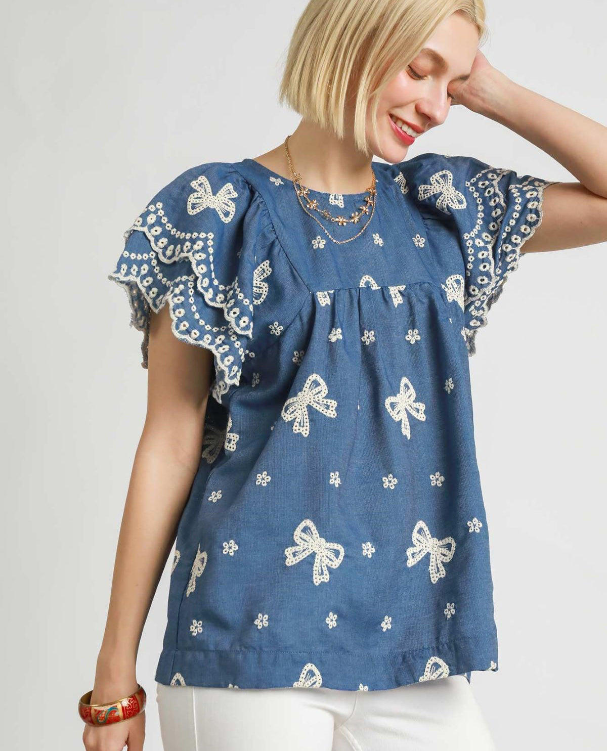 Umgee Scallop & Embroider Bow Flair Shirt