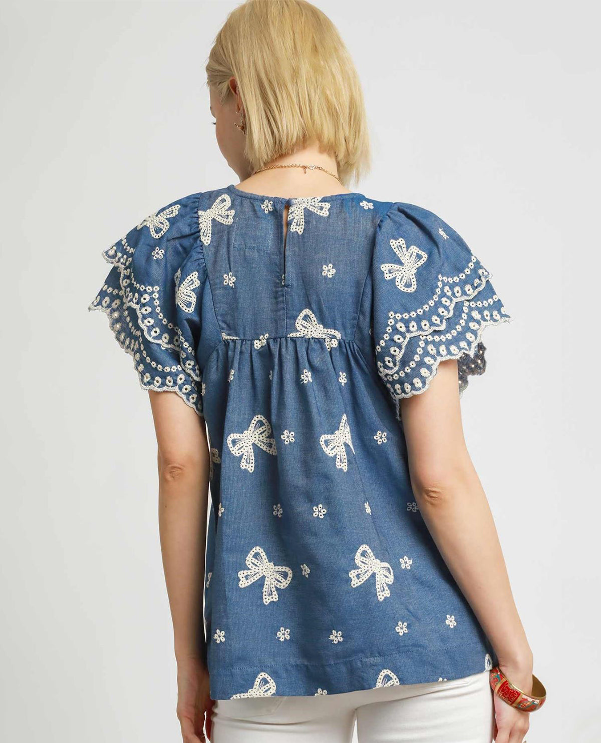 Umgee Scallop & Embroider Bow Flair Shirt