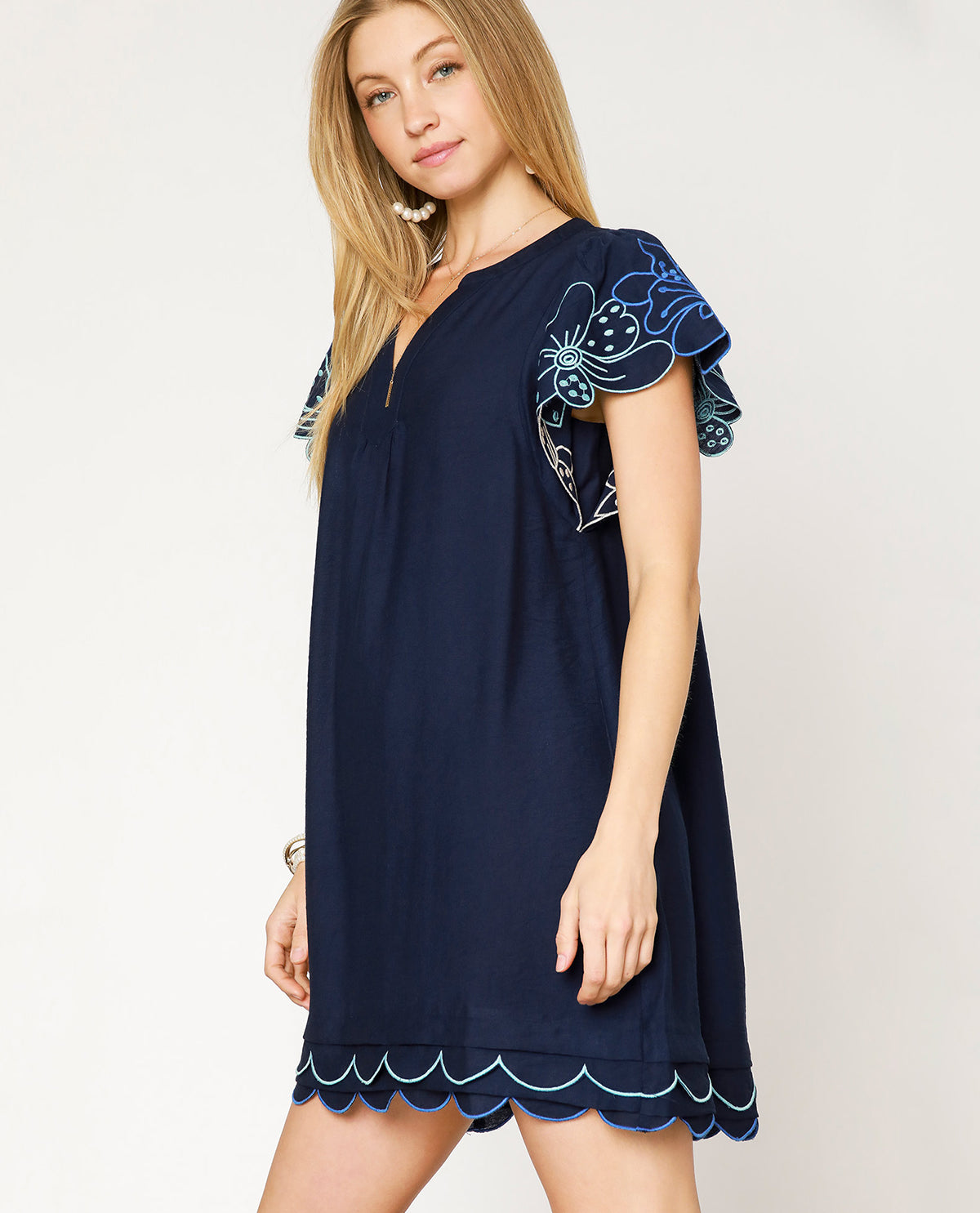 Solid Vneck Dress with Embroidered Flutter Sleeves
