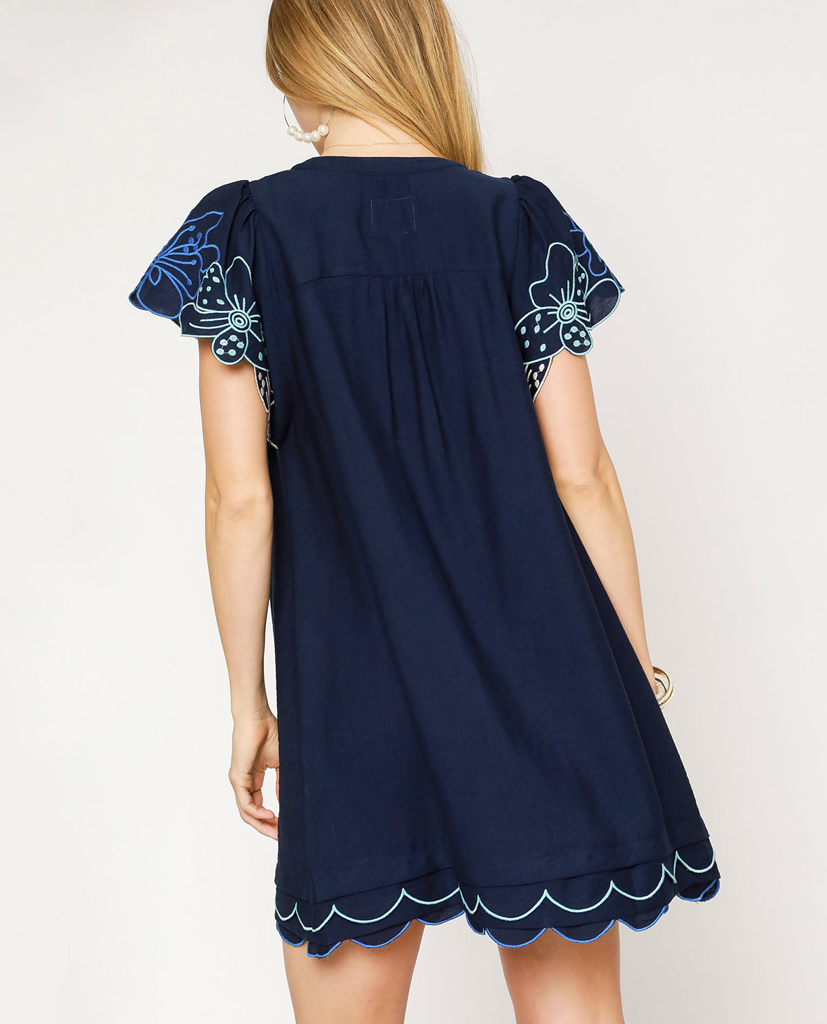 Solid Vneck Dress with Embroidered Flutter Sleeves
