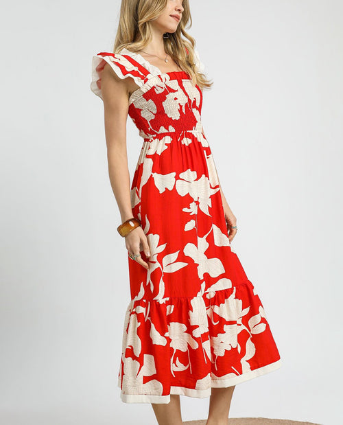 Smocked Tiered Vibrant Floral Midi Dress
