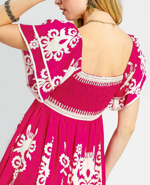 Santorini Breeze Smocked Midi Dress with Square Neckline and Flutter Sleeves