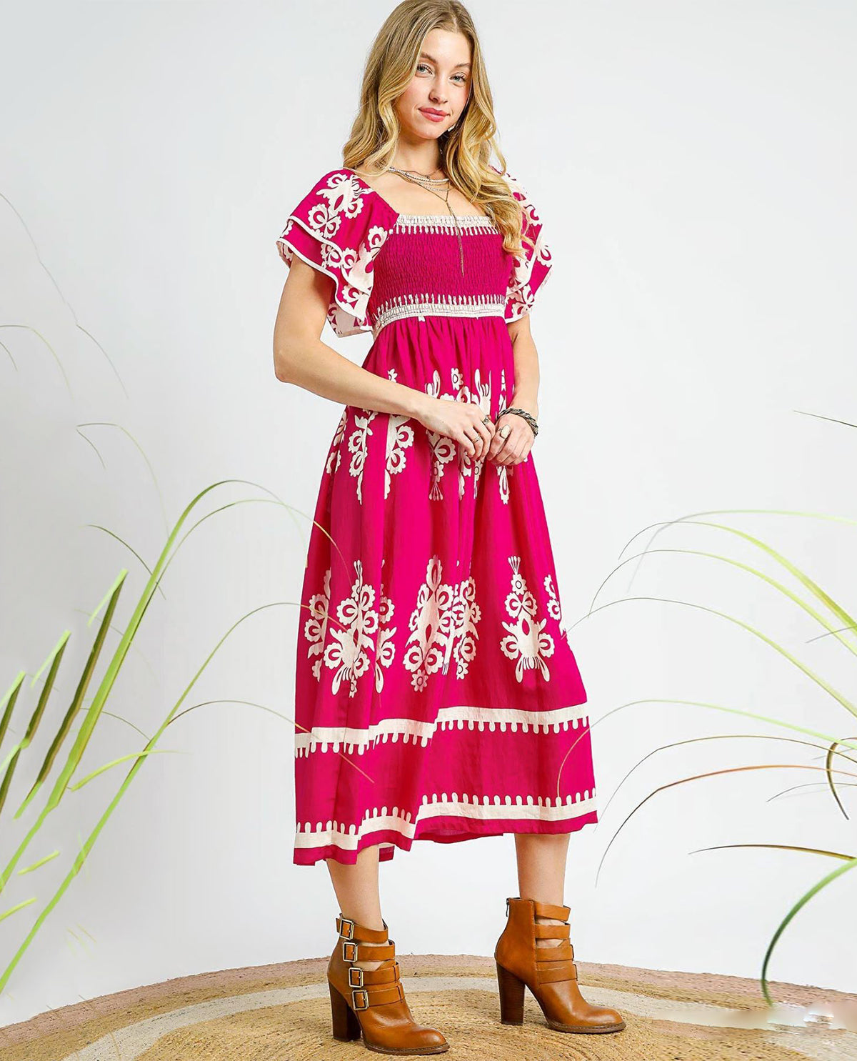 Santorini Breeze Smocked Midi Dress with Square Neckline and Flutter Sleeves