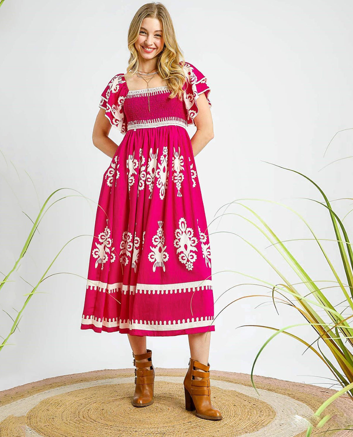 Santorini Breeze Smocked Midi Dress with Square Neckline and Flutter Sleeves