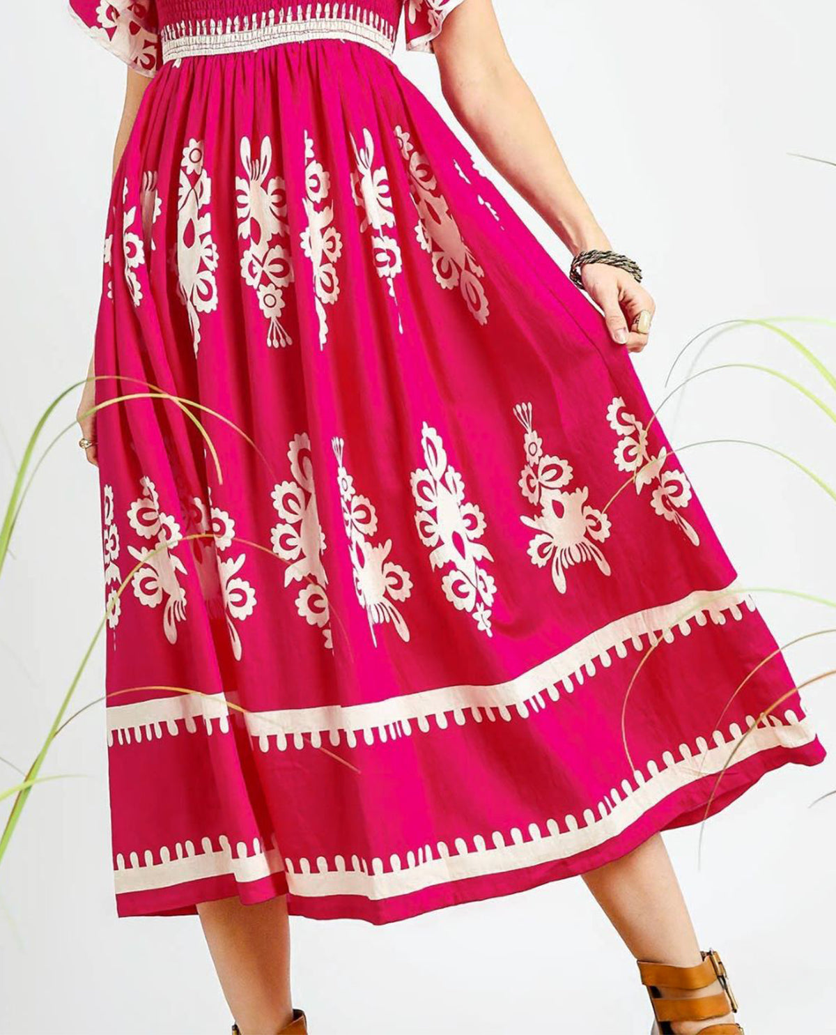 Santorini Breeze Smocked Midi Dress with Square Neckline and Flutter Sleeves