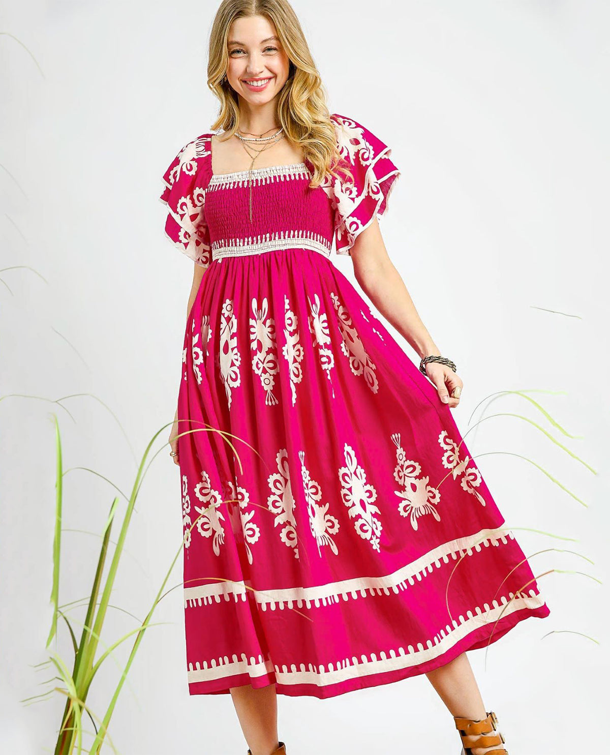 Santorini Breeze Smocked Midi Dress with Square Neckline and Flutter Sleeves