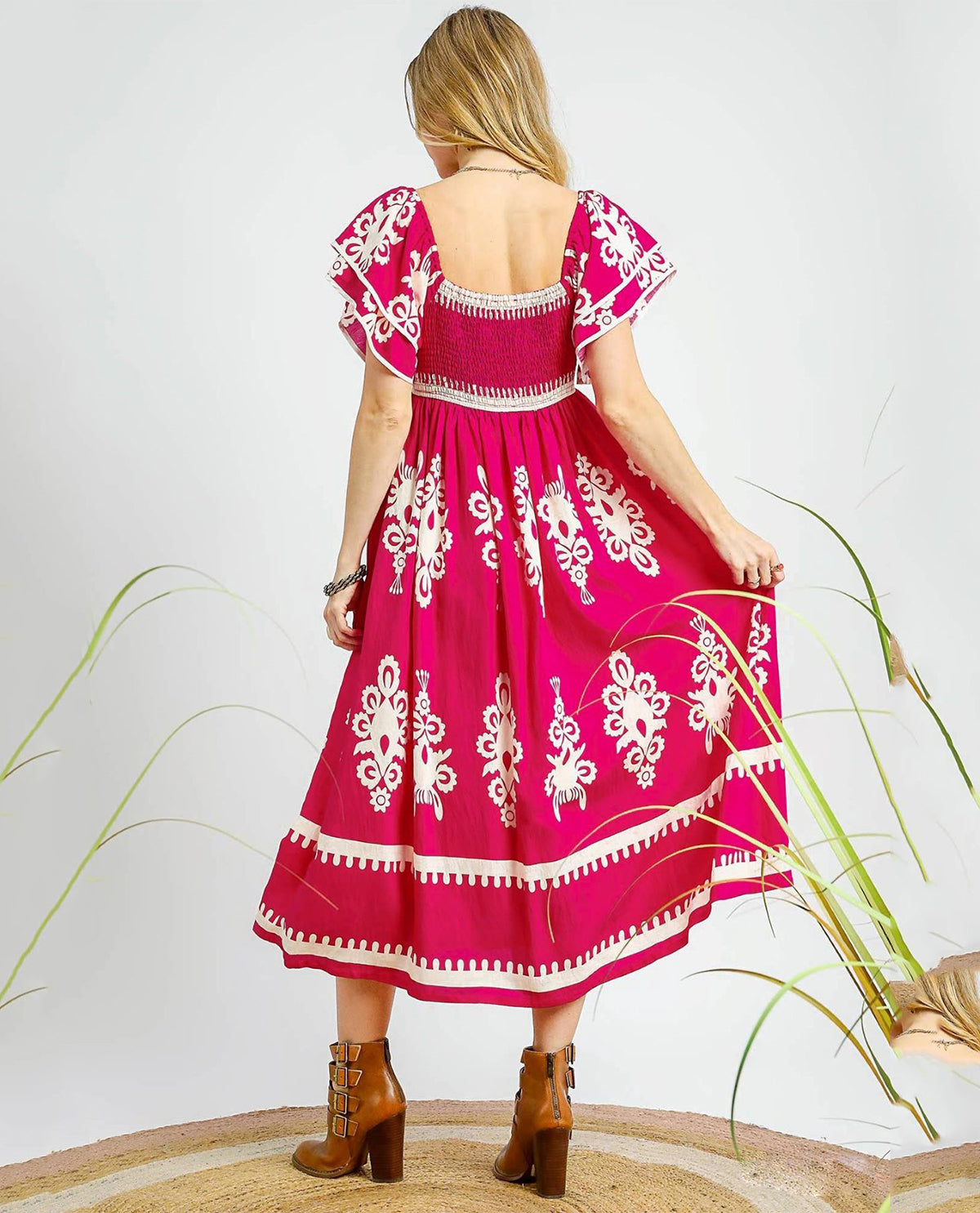 Santorini Breeze Smocked Midi Dress with Square Neckline and Flutter Sleeves