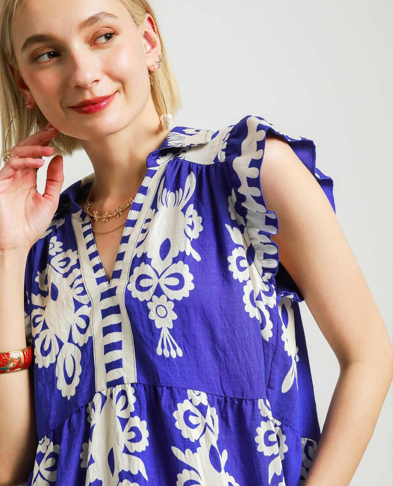 Umgee 2 Tone Print V neck with Collar