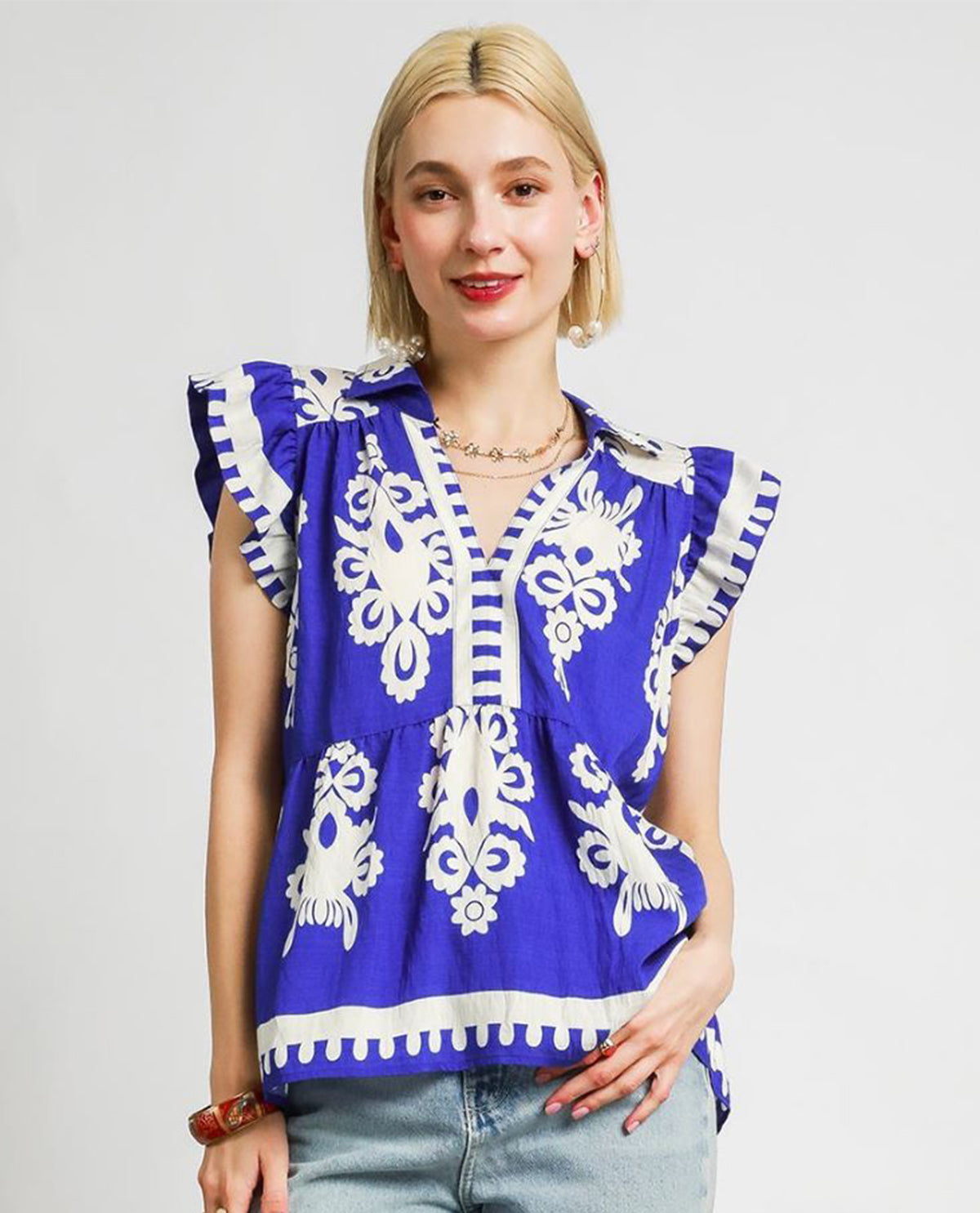 Umgee 2 Tone Print V neck with Collar