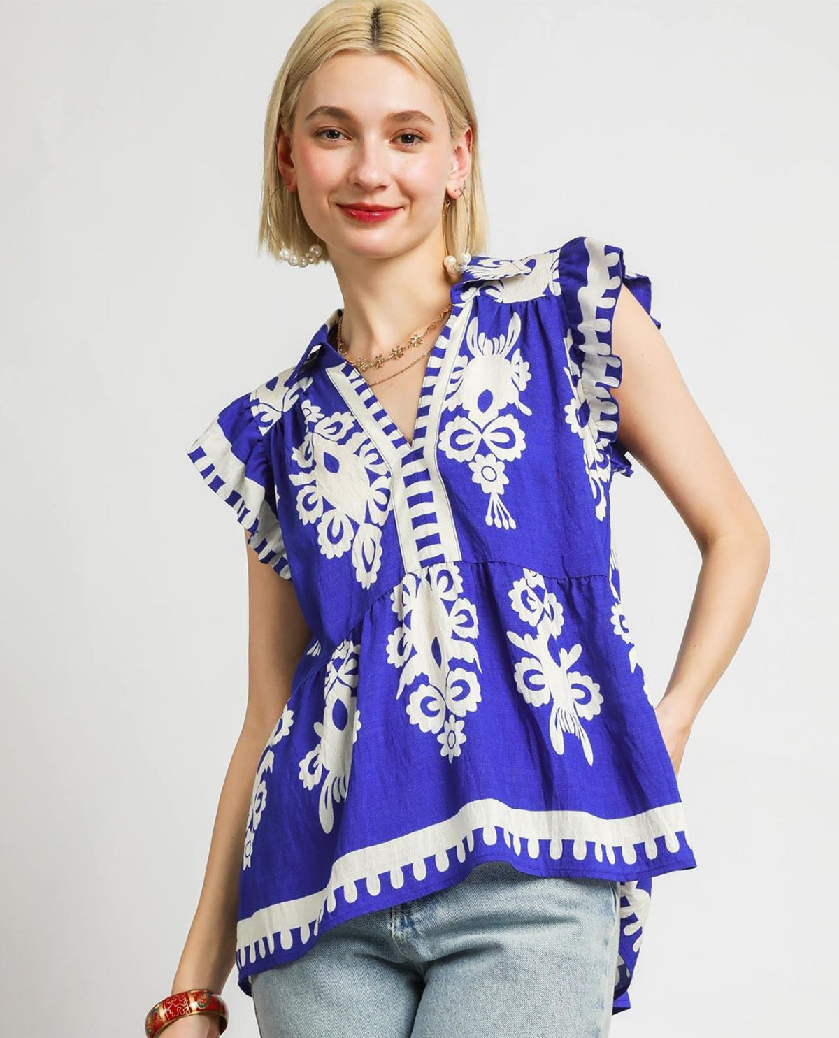 Umgee 2 Tone Print V neck with Collar