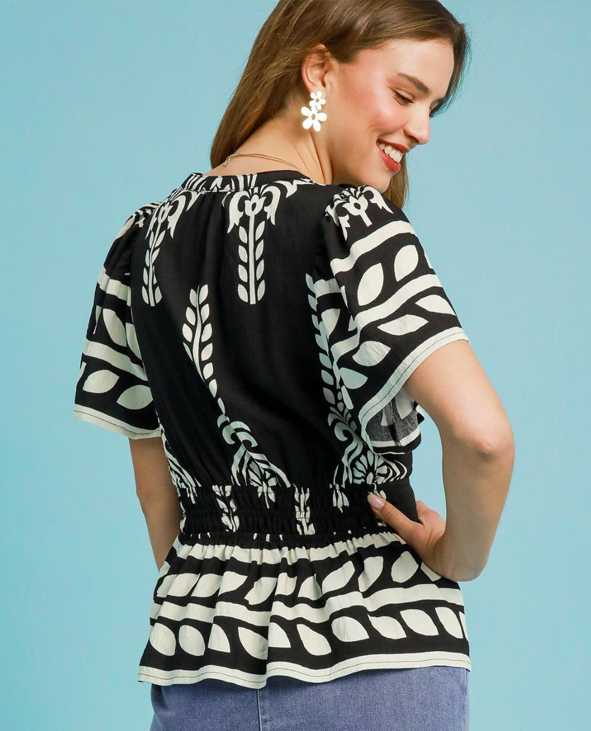 Boho Peplum Smocked Waist Top with Short Flutter Sleeves